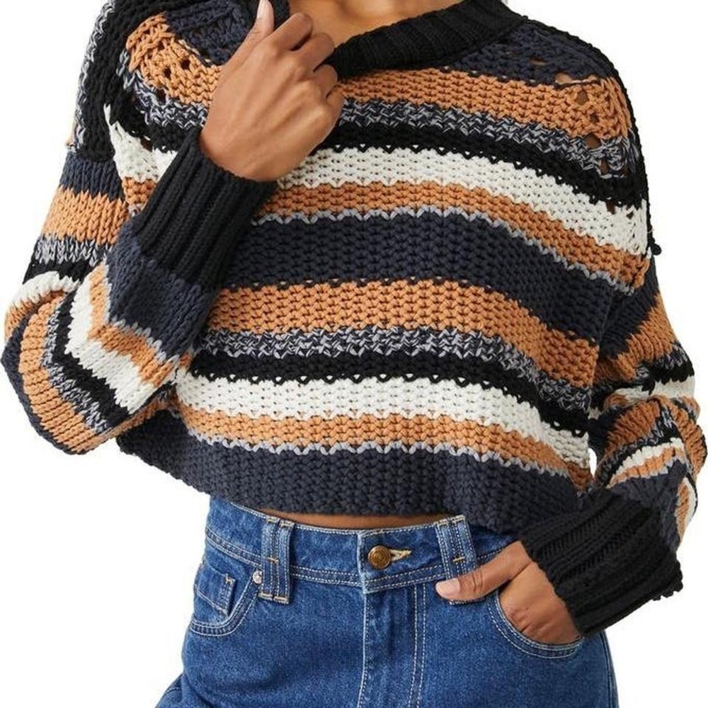 Free‎ People Sweater Womens XS Black Tan White Striped Chunky Knit Cropped